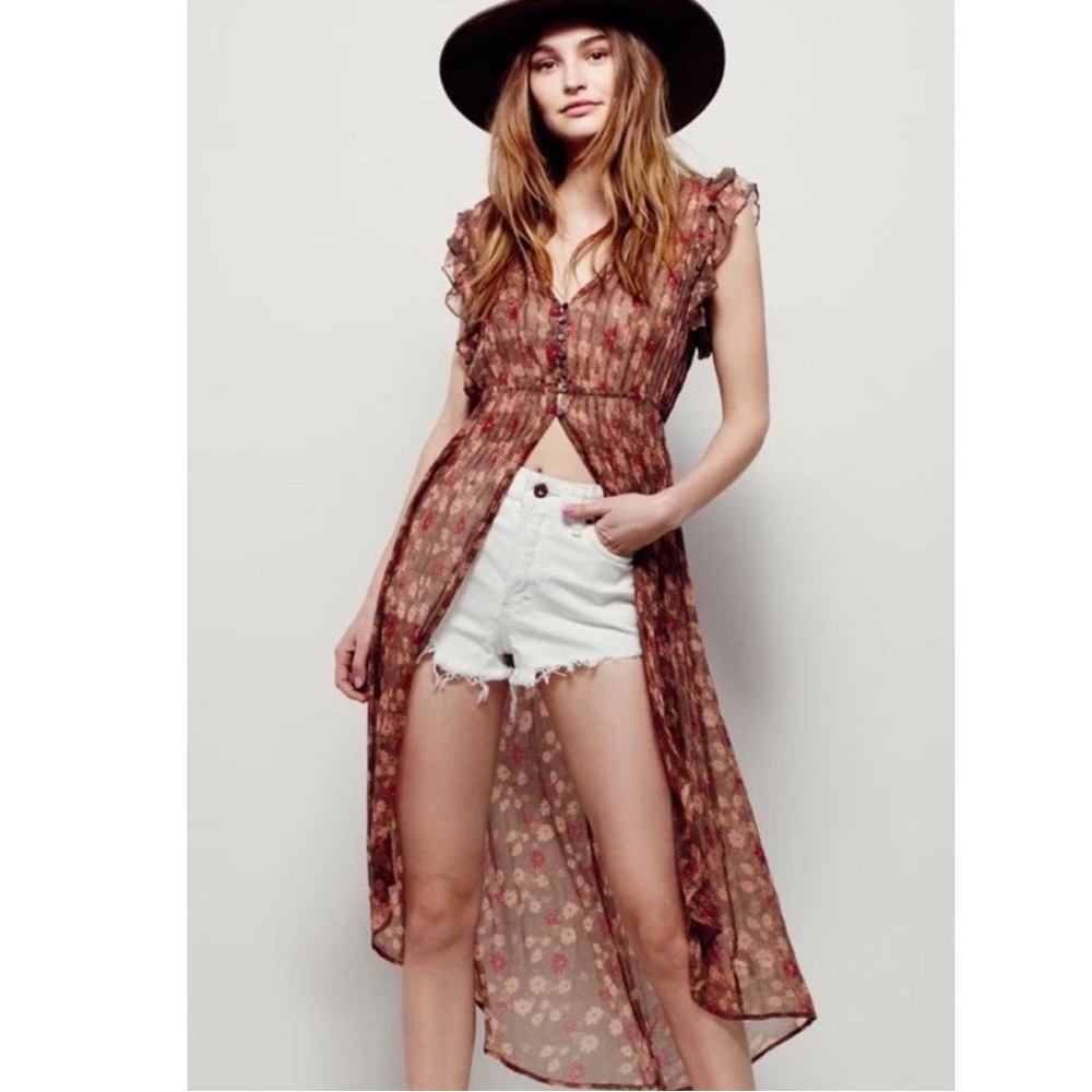 Rare FREE People Vintage Lady of Avalon Sheer Duster Dress Top Floral Ruffle L